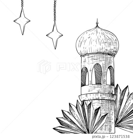Vector Islamic minaret frame, stars, pampas grass. Graphic illustration mosque, tower isolated background. Muslim hand drawn line sketch, holiday Ramadan Kareem or Eid Al Adha 2025. For designers 123871538