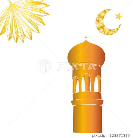 Vector Islamic minaret frame, stars, pampas grass. Graphic illustration mosque, tower isolated background. Muslim hand drawn line sketch, holiday Ramadan Kareem or Eid Al Adha 2025. For designers 123871539