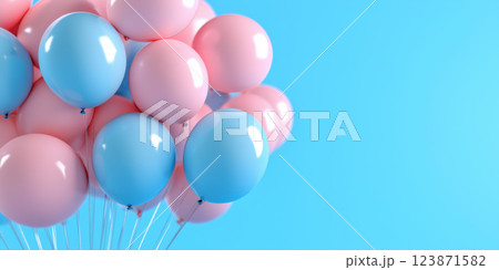 Pink and blue balloons floating against bright blue background, creating cheerful scene 123871582