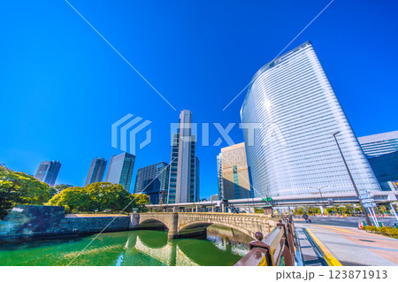 日本の東京都市景観 汐留のビジネス街や環状第2号線、旧浜離宮庭園入口、大手門橋などを望む 日本の東京都市景観 汐留のビジネス街や環状第2号線、旧浜離宮庭園入口、大手門橋などを望む 123871913