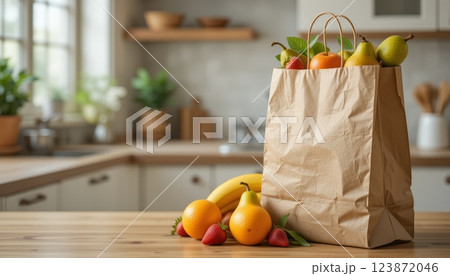 Paper Grocery Bag with Fresh Fruit on Kitchen Table Consumerism Organic Food Concept Paper Grocery Bag with Fresh Fruit on Kitchen Table Consumerism Organic Food Concept 123872046