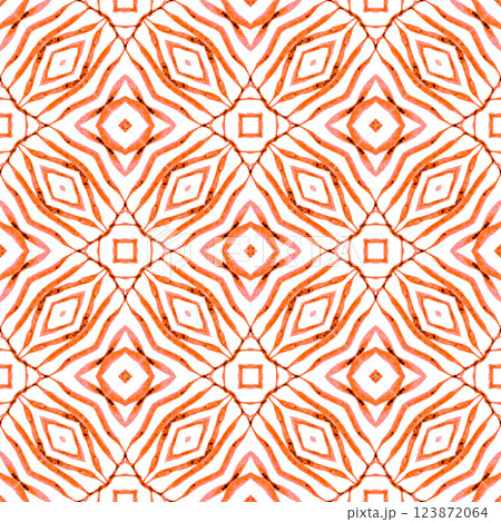 Tiled watercolor background. Orange marvelous boho chic summer design. Hand painted tiled watercolor border. Textile ready beautiful print, swimwear fabric, wallpaper, wrapping. 123872064