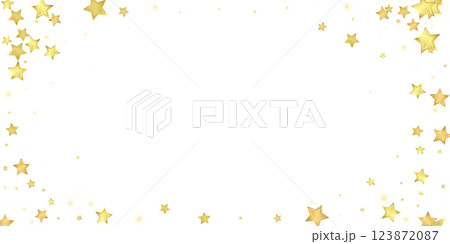 Magic stars vector overlay. Gold stars scattered around randomly, falling down, floating. Chaotic dreamy childish overlay template. Miraculous starry night vector on white background. 123872087