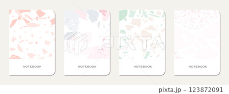 Notebook cover design. Terrazzo abstract background made of natural stones, granite, quartz and marble. Venetian terrazzo texture notebook cover template. Notebook cover design. Terrazzo abstract background made of natural stones, granite, quartz and marble. Venetian terrazzo texture notebook cover template. 123872091
