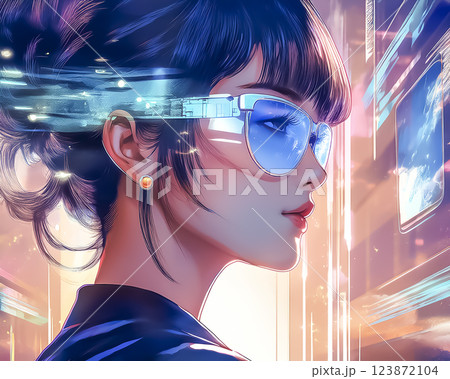 スマートグラスに照射されるデータを見つめる女性のイメージ素材 スマートグラスに照射されるデータを見つめる女性のイメージ素材 123872104