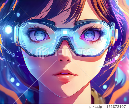 スマートグラスに照射されるデータを見つめる女性のイメージ素材 123872107