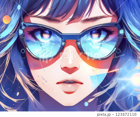 スマートグラスに照射されるデータを見つめる女性のイメージ素材 スマートグラスに照射されるデータを見つめる女性のイメージ素材 123872110
