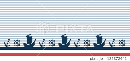 Nautical background with ships, anchor and steering wheel. Seamless border. Flat style illustration. 123872441