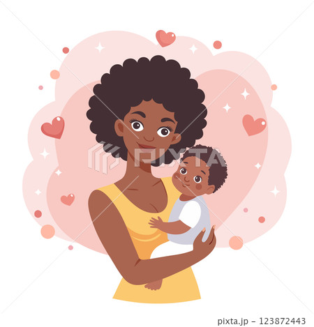 Beautiful black mother and child. Loving mother holding her adorable baby in her arms. Happy family illustration. 123872443