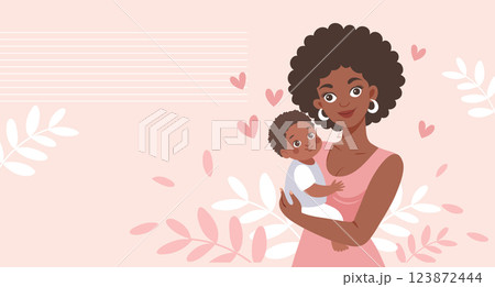 Beautiful black mother and child on pink floral background. Happy mother holding her son in her arms. Mother's day card. Flat style illustration. 123872444