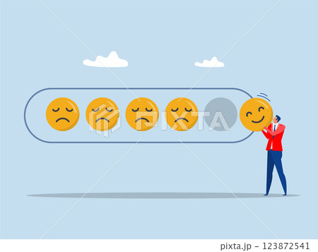 emotional intelligence,Buisnessman holding smile face ball Leaving other sad faces.Optimistic, happiness or positive thinking inspire other people happy vector 123872541