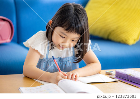 リビングで勉強する女の子 123872683