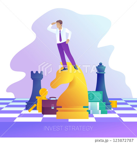 Concept of successful business strategy. Businessman on horse chess piece looking for success, opportunities. 123872787