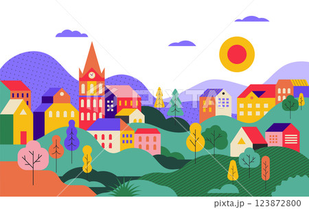 Colorful Countryside Landscape. Scenic Village with Hills, Trees, and Traditional Houses. 123872800