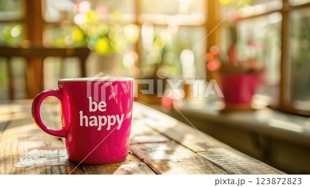 be happy pink coffee cup stand on table on sunny day 123872823