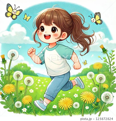 春の草原で走る女の子のイラスト 123872824