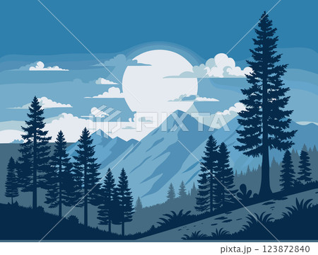 llustration with mountain ranges, hills  forests silhouettes. 123872840