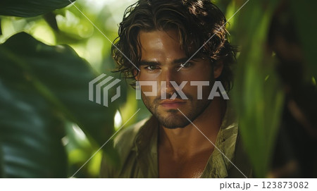 Intense portrait of a handsome man with green eyes in tropical foliage 123873082