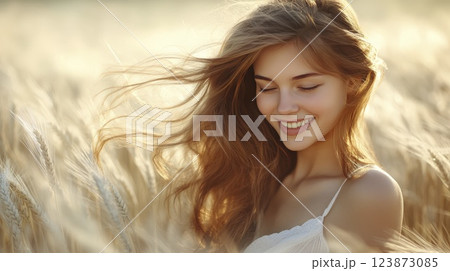 Smiling young woman in a wheat field enjoying nature and golden sunlight 123873085