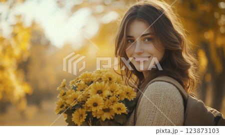 Beautiful girl with yellow flowers in an autumnal golden light landscape Beautiful girl with yellow flowers in an autumnal golden light landscape 123873103
