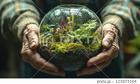 Senior Hands Holding a Glass Terrarium with Plants Cultivating Nature 123873104