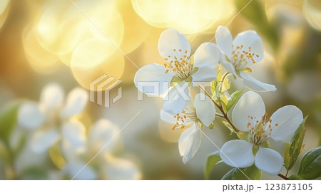 Delicate White Dogwood Blossoms Blooming in Golden Sunlight Springtime 123873105