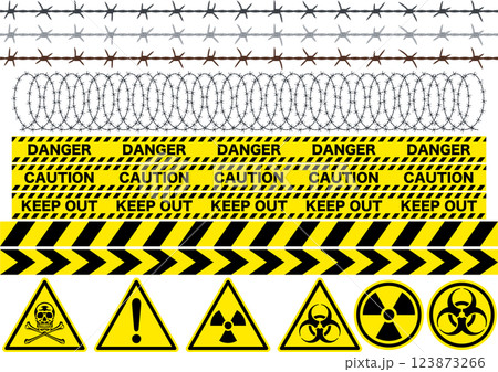 危険・立ち入り禁止・注意・警告の有刺鉄線、標識、テープのセット 123873266