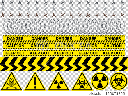 Set of danger, no entry, caution and warning barbed wire, signs and tapes 123873266