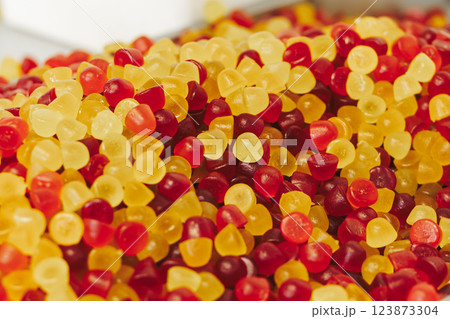 Jelly Fruit Candy Production. Colorful Sweet Confectionery Close up 123873304