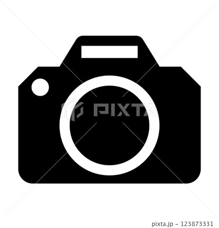 白黒のシンプルでフラットなカメラアイコン　白背景 123873331