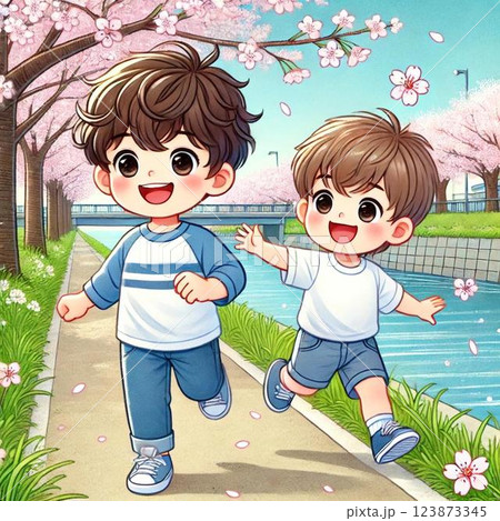 春の桜並木を楽しそうに走る男の子 123873345