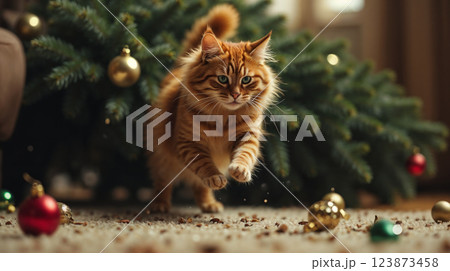 Ginger cat running away from fallen Christmas tree Ginger cat running away from fallen Christmas tree 123873458