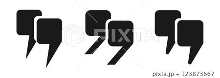 A set of vector black quotes. A collection of three double square quotation marks of different shapes, made on a white background. 123873667