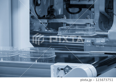 Close up scene material handling process the food container by robotic system from injection machine. Close up scene material handling process the food container by robotic system from injection machine. 123873751