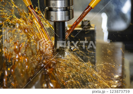 The CNC milling machine rough cutting the mold parts with liquid coolant method. 123873759