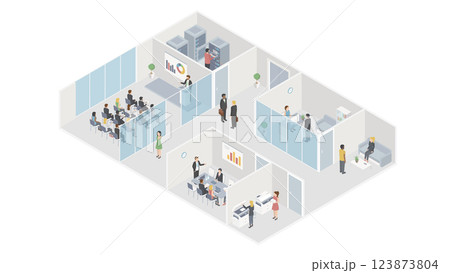 Isometric flat 3d abstract office floor interior departments concept vector. conference hall, offices, workplaces, director of the office interior 123873804