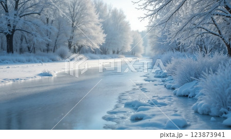 Icy brook winding through a snowy woodland 123873941