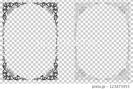 モノクロの手描き装飾枠セット。 モノクロの手描き装飾枠セット。 123873955