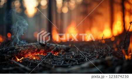 Wildfire with flames and burning twigs 123874230