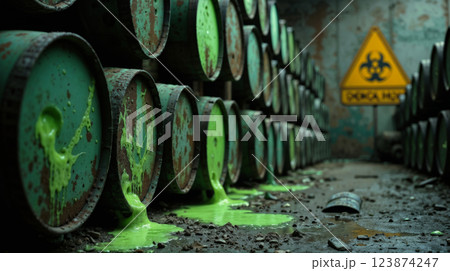 Leaking toxic barrels in an abandoned warehouse 123874247