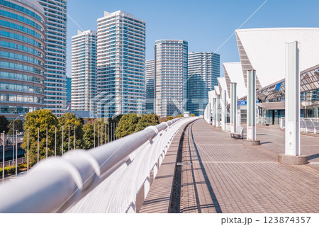 Yokohama cityscape, modern buildings, walkway, and station Yokohama cityscape, modern buildings, walkway, and station 123874357