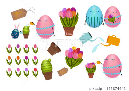 Cute Easter Egg Characters and Floral Elements Clipart Set 123874441