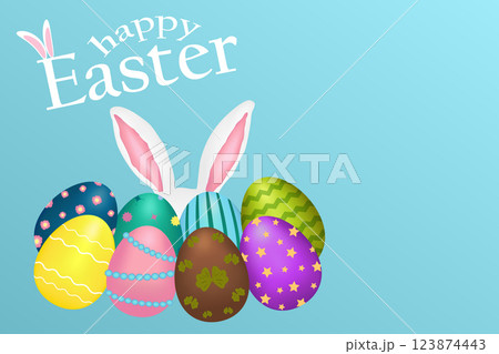 Colorful Easter Eggs with Bunny Ears and Festive Greeting 123874443