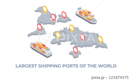 Worldwide shipping by sea fright transport. Transportation route, geo tagging. Modern dot world map with coy space concept illustration. Ship isometric delivery. 123874575