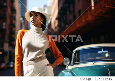 Elegant Vintage Fashion paired beautifully with a Classic Car ambiance 123874645