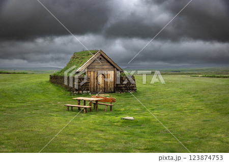 church house with grass roof in iceland cloudy sky 123874753