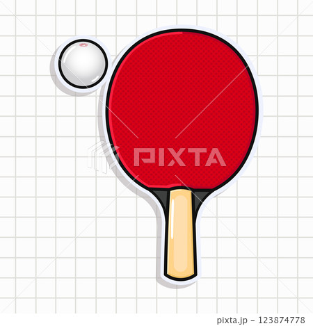 Vibrant Ping Pong Paddle. Table Tennis Racket and Ball Over Tiled Background 123874778