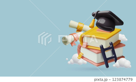 Graduation concept 3d render background with books school cap ladder and diplomas 123874779