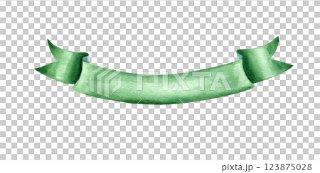 Watercolor Patrick day green ribbon banner illustration isolated background. Decorative waving glossy border with empty space for text. Decorative element for promotion decor, celebrate events 123875028