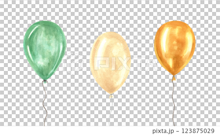 Watercolor green, orange, white helium balloons on string set illustration isolated background. Colorful balloon bunch for birthday and party decor. Patrick day elements for festive design 123875029
